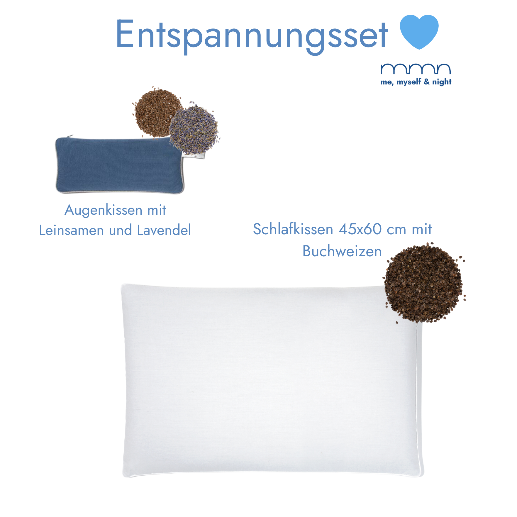 Entspannungsset me, myself & night in blau: Augenkissen mit Leinsamen und Lavendel + Schlafkissen 45x60 cm mit Buchweizen