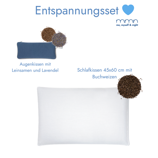 Entspannungsset me, myself & night in blau: Augenkissen mit Leinsamen und Lavendel + Schlafkissen 45x60 cm mit Buchweizen