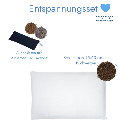 Entspannungsset me, myself & night - Schlafkissen 45x60 cm mit Buchweizen und dunkelblaues Augenkissen mit Leinsamen und Lavendel