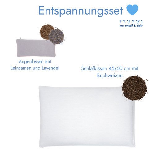 Entspannungsset me, myself & night in grau: Augenkissen mit Leinsamen und Lavendel + Schlafkissen 45x60 cm mit Buchweizen