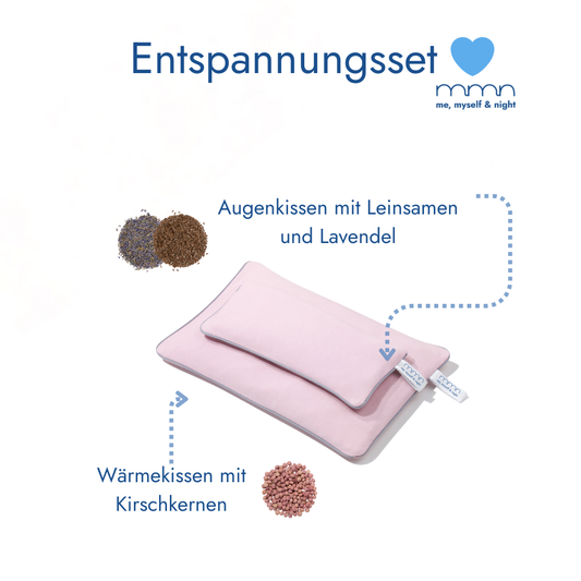 Entspannungsset me, myself & night in Rosa: Wärmekissen mit Kirschkernen + Augenkissen mit Leinsamen und Lavendel