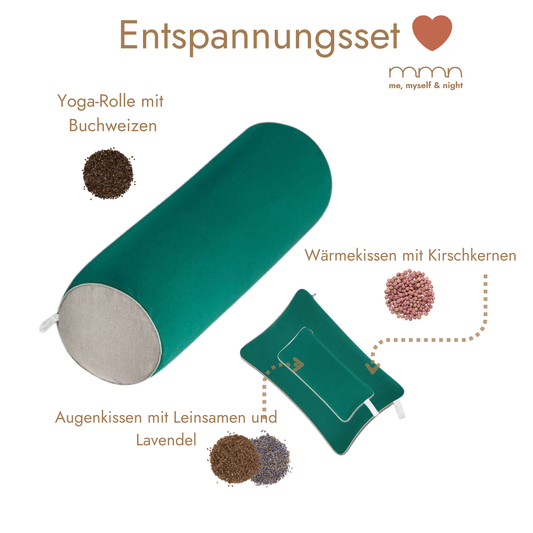 Entspannungs- & Meditationsset me, myself & night in grün: Große Yoga-Rolle mit Buchweizen + Wärmekissen mit Kirschkernen + Augenkissen mit Leinsamen und Lavendel