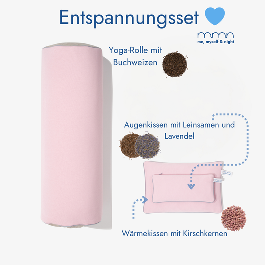 Entspannungs- & Meditationsset me, myself & night in rosa: Große Yoga-Rolle mit Buchweizen + Wärmekissen mit Kirschkernen + Augenkissen mit Leinsamen und Lavendel